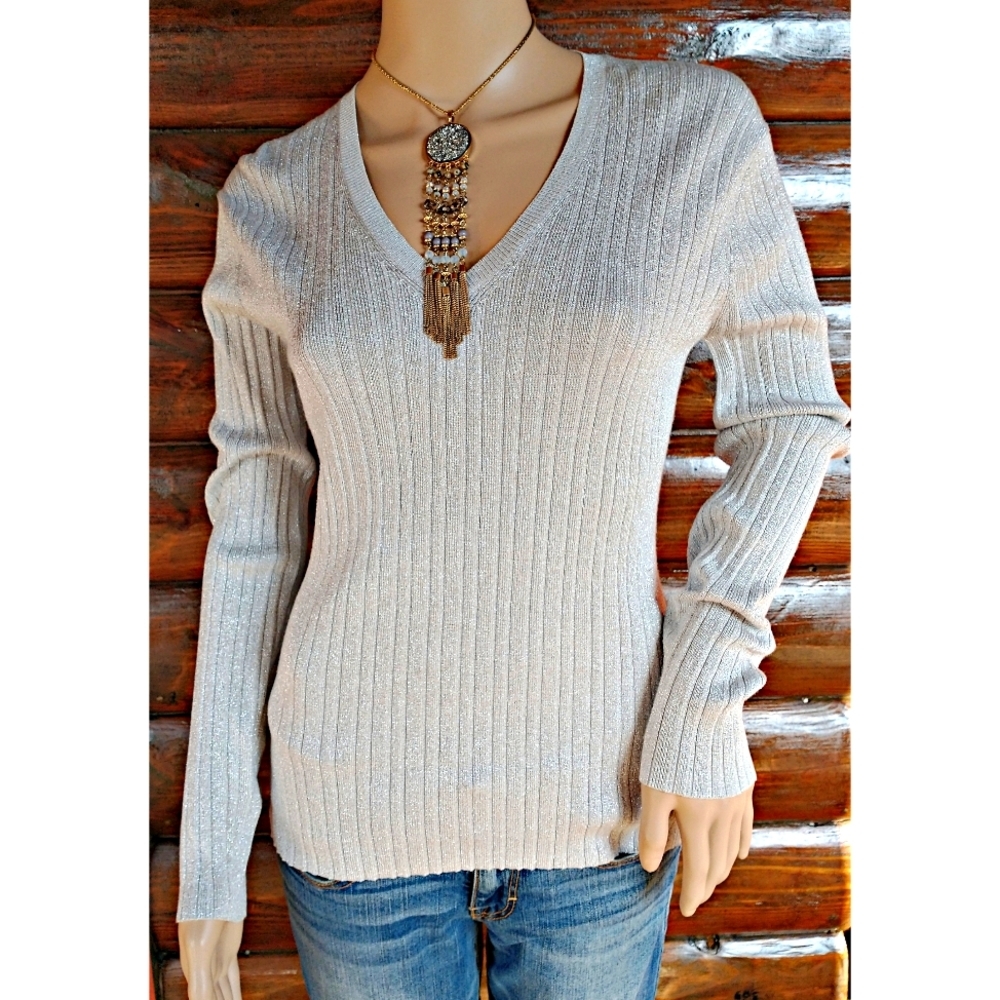 Chicos Silver Metallic Light Weight Ribbed Sweater Size S